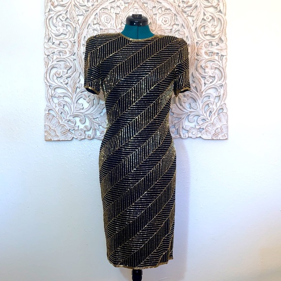 AJ Bari Vintage Hand Beaded Silk CockTail Dress - Picture 8 of 16